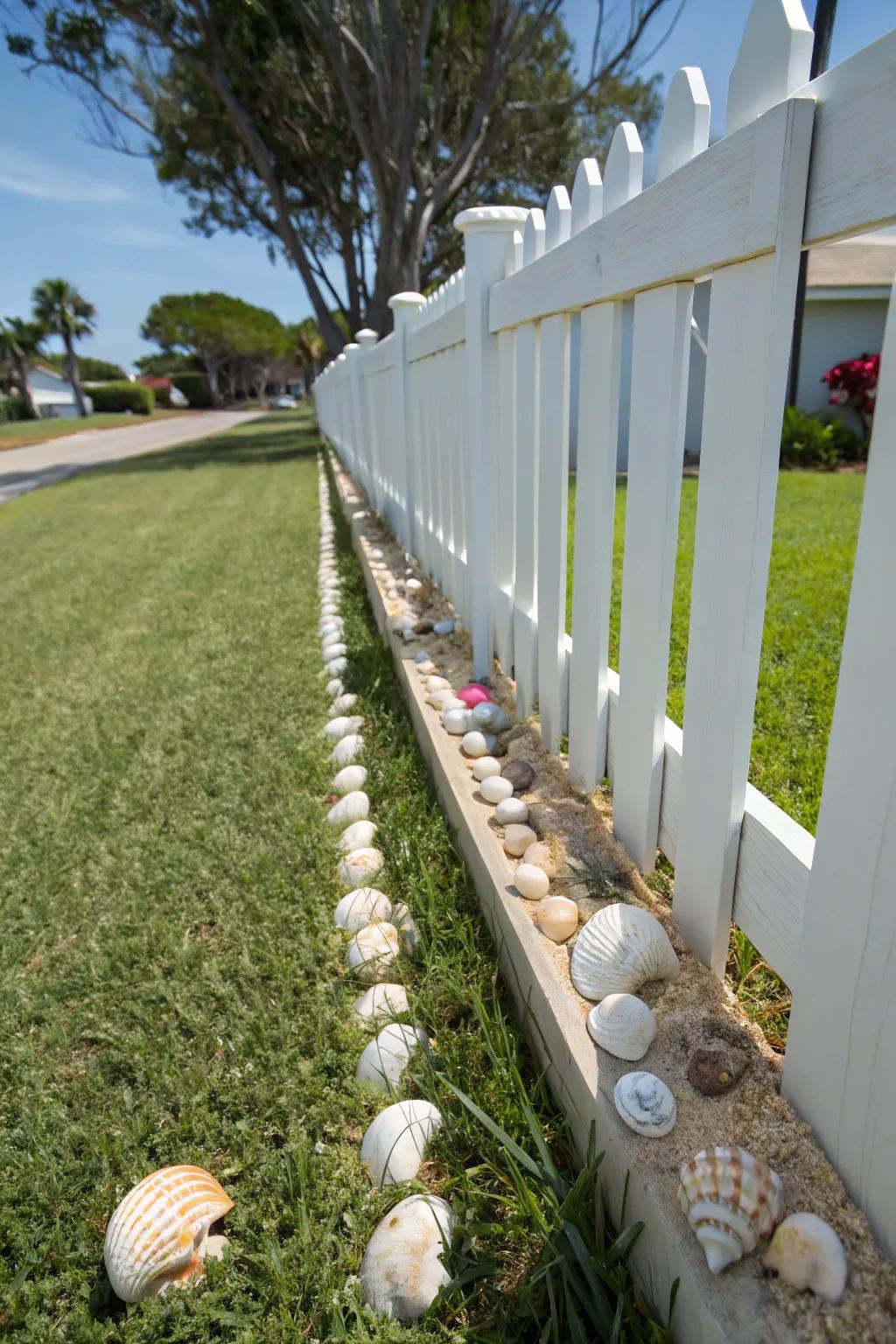 Seashell edging adds a charming coastal vibe to your fence.