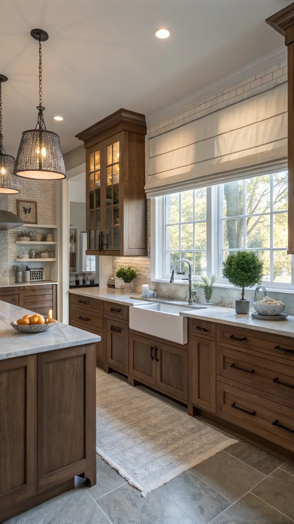 Elevated view of an elegant L-shaped kitchen with medium-toned walnut cabinets, honed limestone counters, polished nickel hardware, industrial pendant lights, and potted olive trees bathed in late-afternoon sunlight