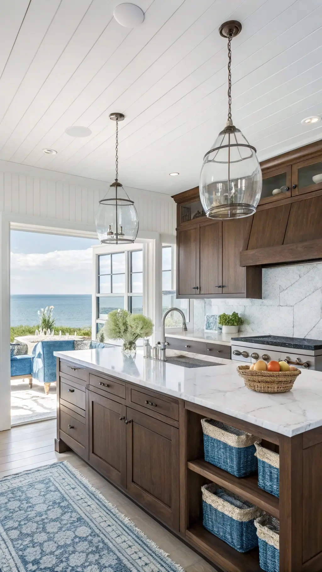 Bright open-concept kitchen with walnut cabinets, white shiplap walls, Carrara marble counters, glass pendant lights reflecting ocean views, styled with blue-and-white ceramics, seagrass baskets, and hydrangeas