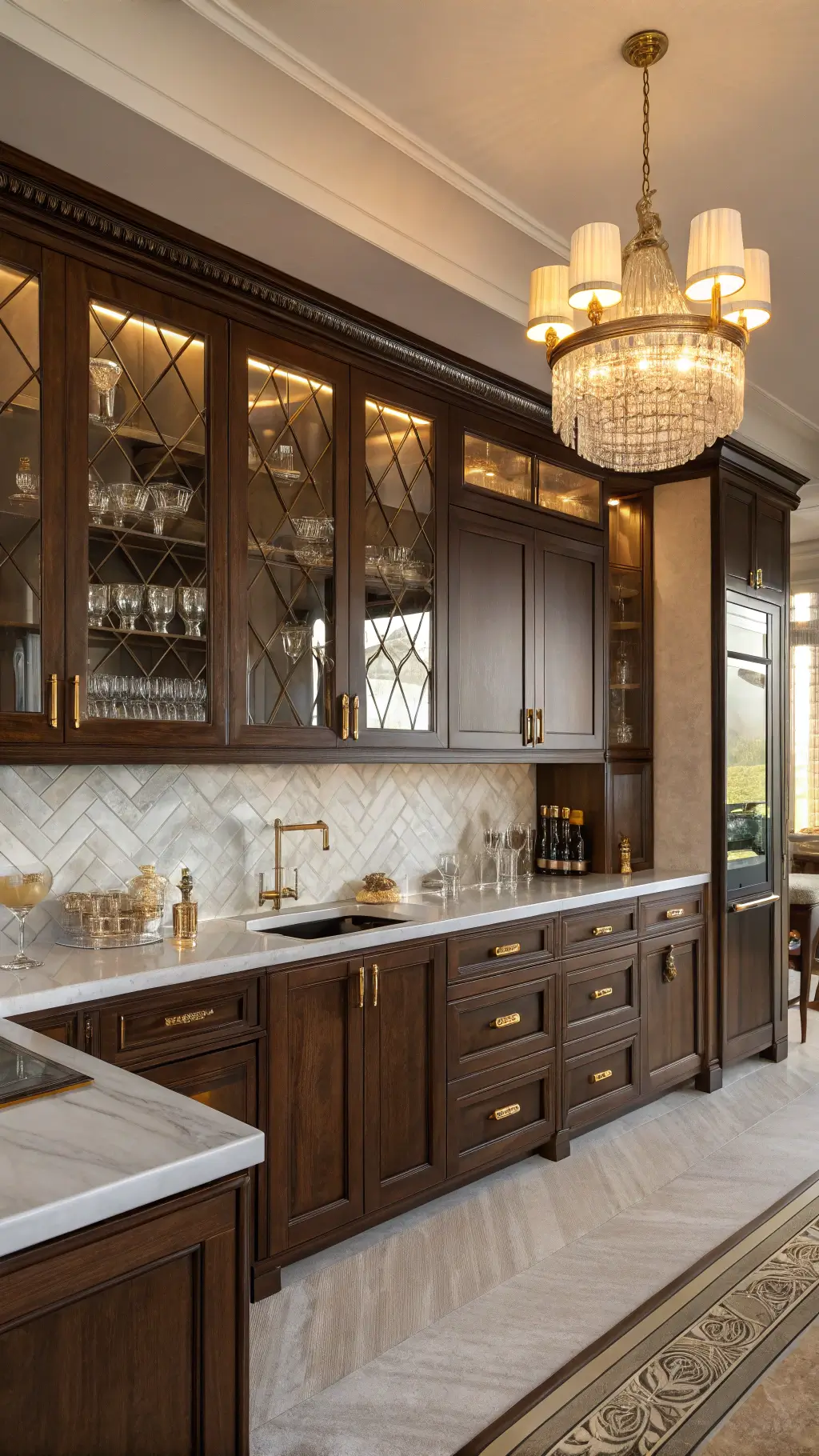 Art deco revival kitchen with cocoa walnut cabinets, geometric inlays, brass details, chevron marble backsplash, crystal chandelier, vintage decanters, and gold-rimmed glassware in a dark cream, gold, and black palette