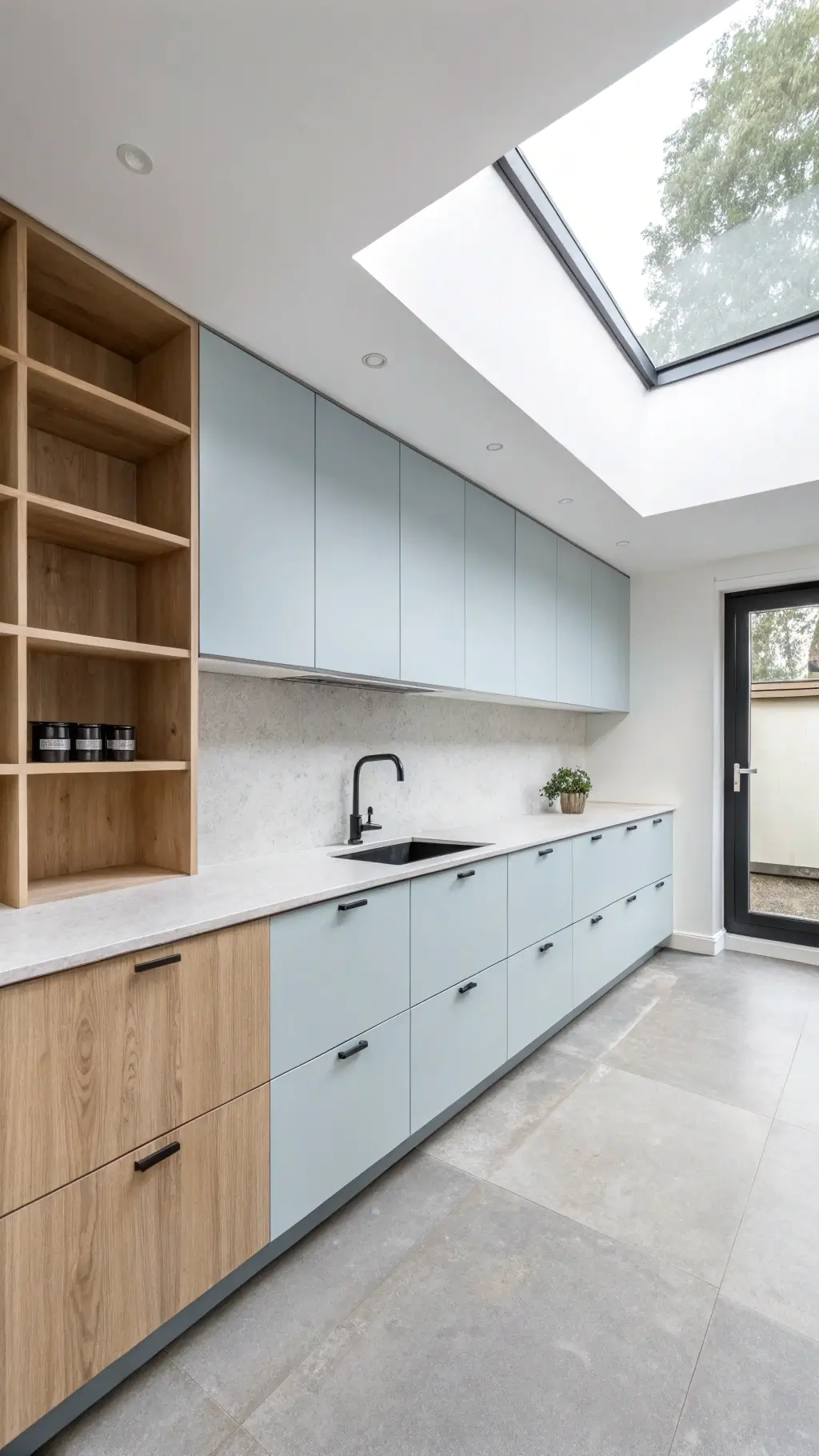 Scandinavian minimalist kitchen with ice powder blue cabinets, pale ash wood shelving, matte black hardware, and grey concrete floors illuminated by skylight