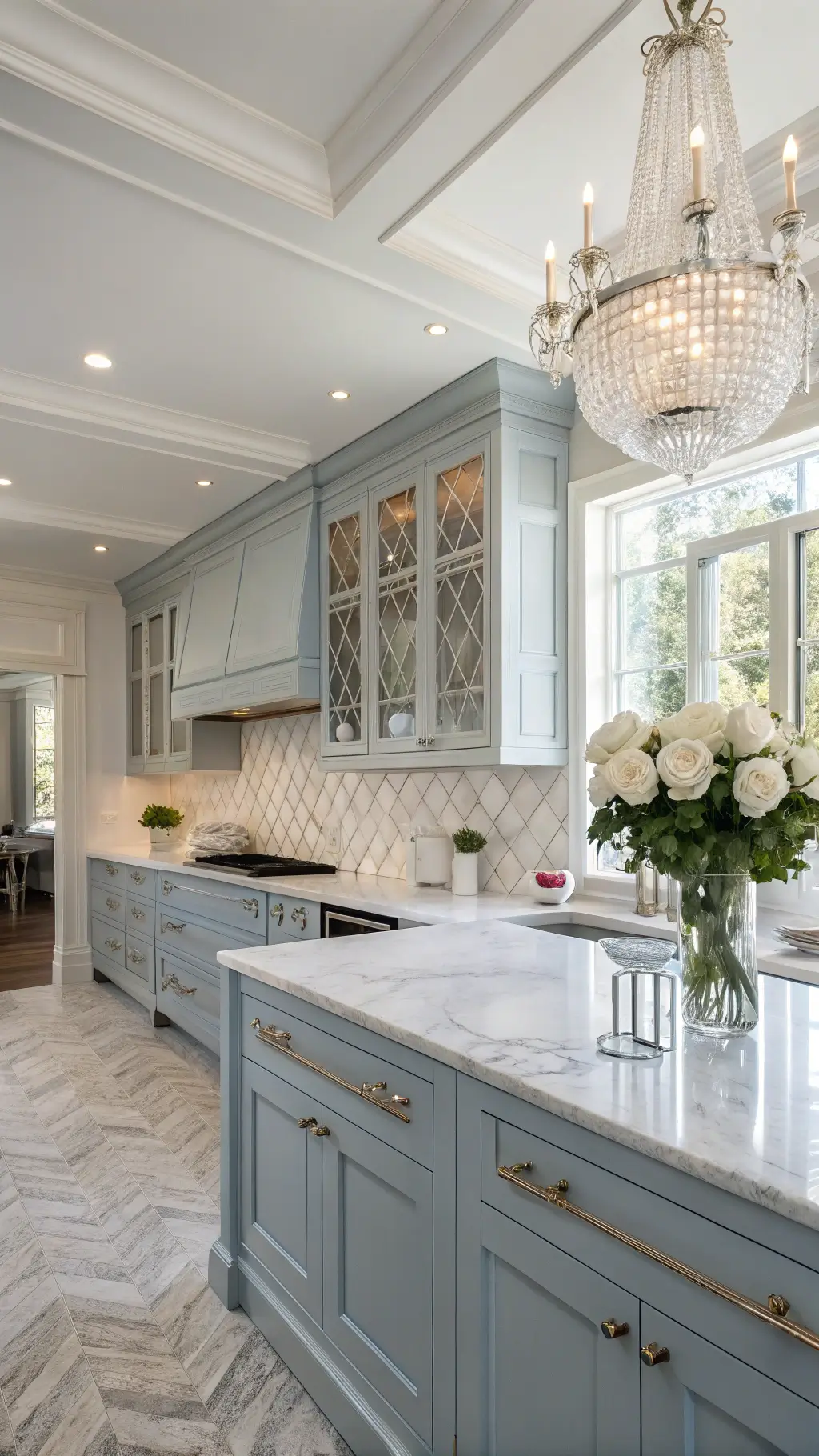 Traditional kitchen with powder blue cabinets, marble herringbone backsplash, grey quartz countertops, and crystal chandelier