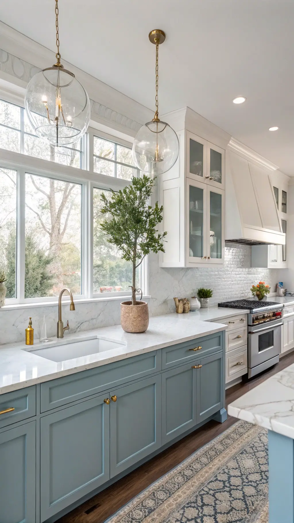 Spacious transitional kitchen with powder blue lower cabinets, white upper cabinets, marble subway tile backsplash, brass hardware, double-height windows, and glass globe pendants