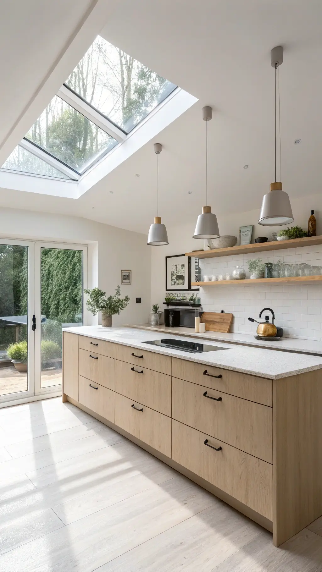 Bright Scandinavian kitchen with beige cabinetry, light oak shelves, white countertops, and frosted glass pendant lighting