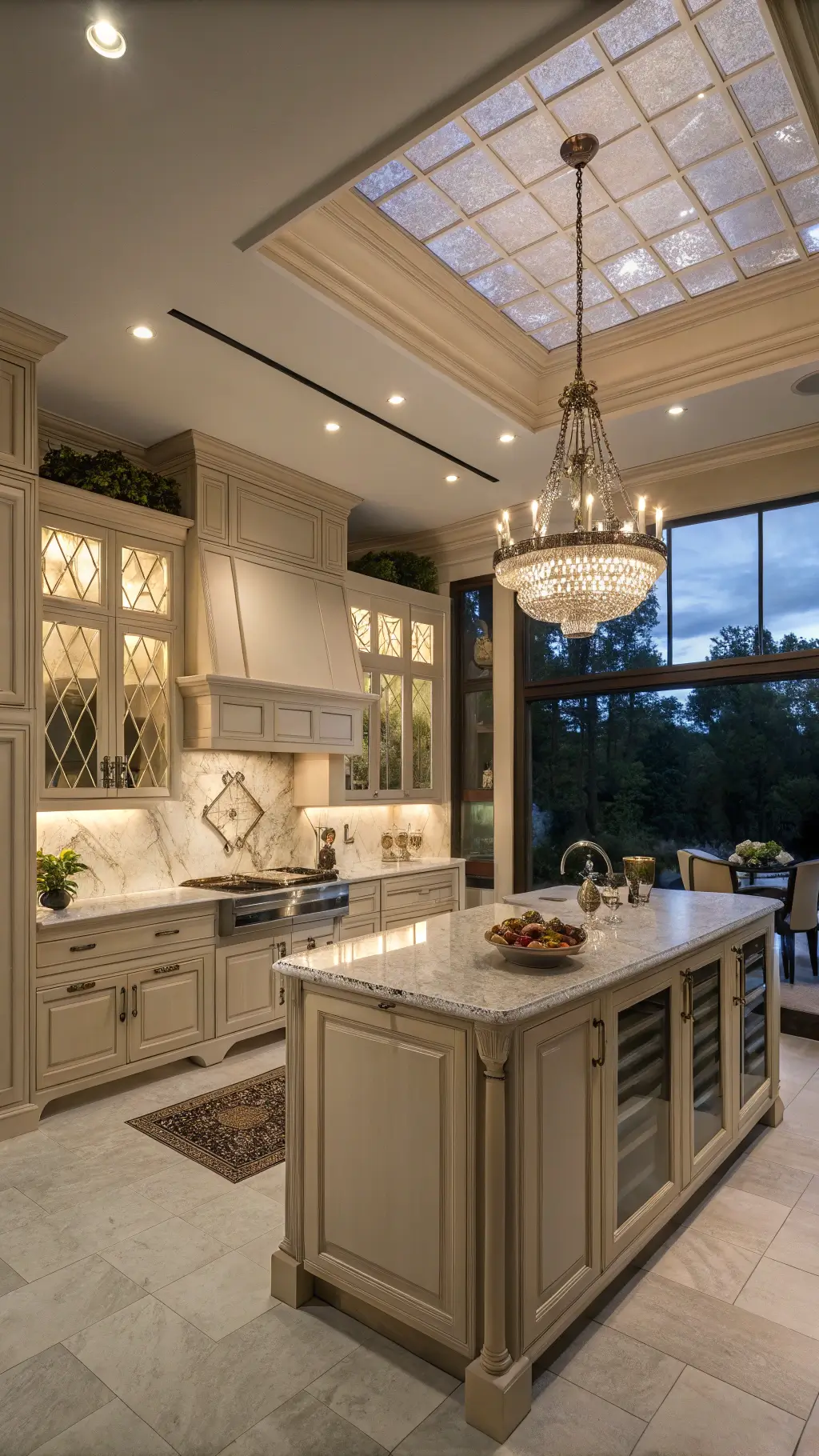 Elegant kitchen with beige cabinets, Calacatta marble backsplash, mixed metal hardware, and a cozy breakfast nook under a crystal chandelier