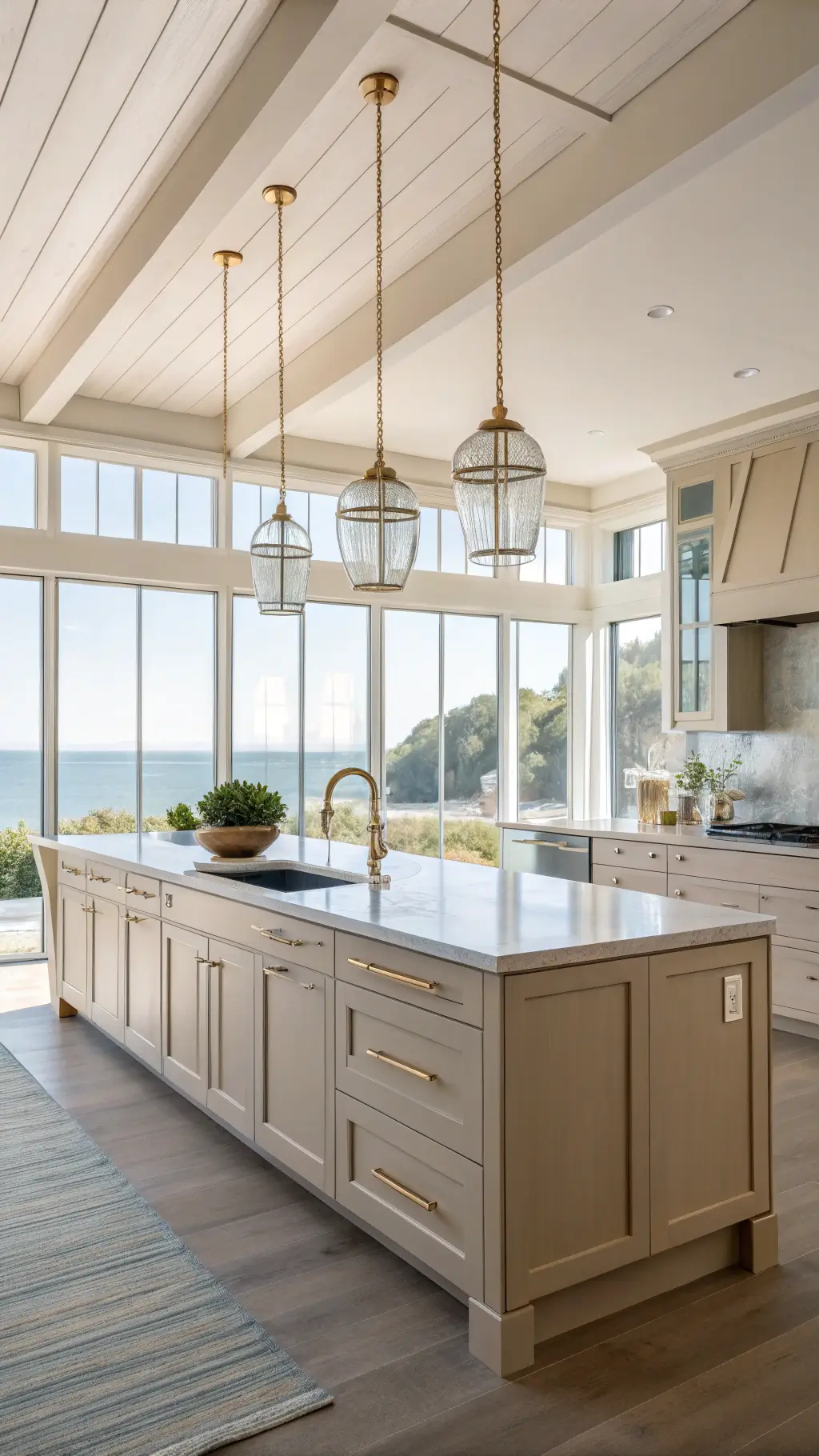 Bright coastal kitchen with sandy beige flat-panel cabinets, blue-grey island, brushed gold fixtures, and textured glass pendant lights