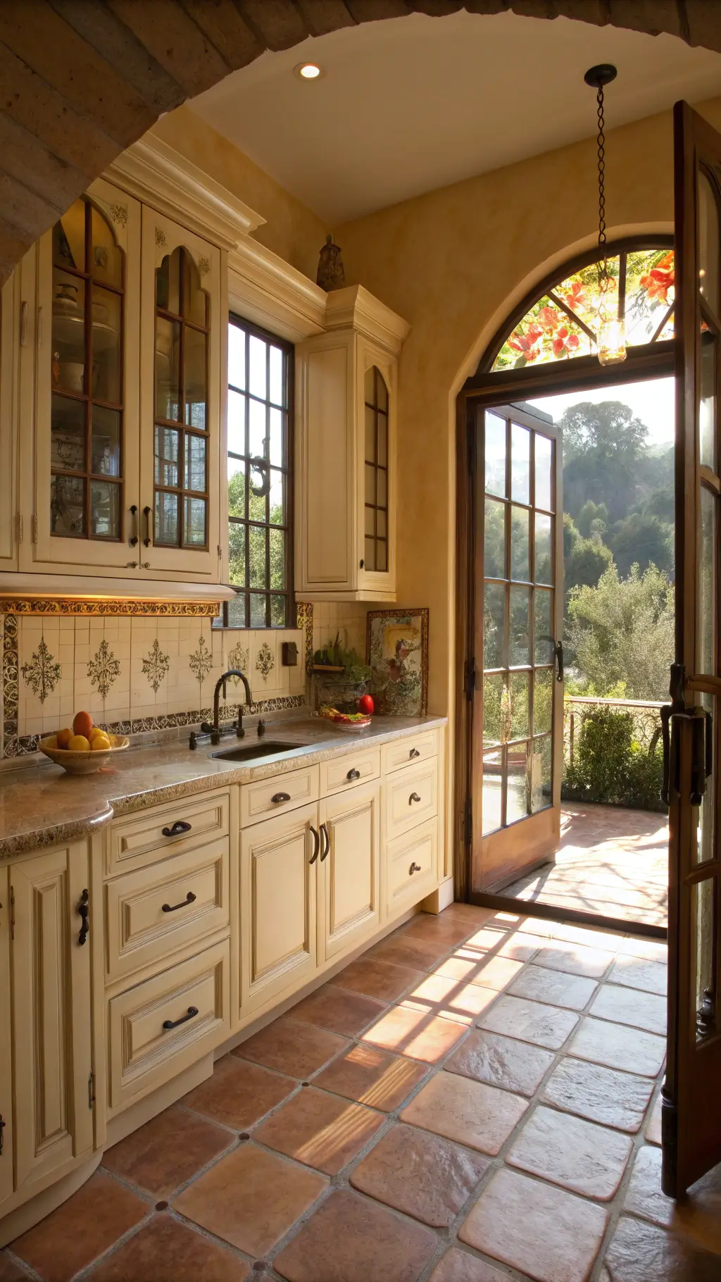 Mediterranean-inspired kitchen with creamy beige cabinets, terra cotta flooring, oil-rubbed bronze hardware, and colorful tile backsplash