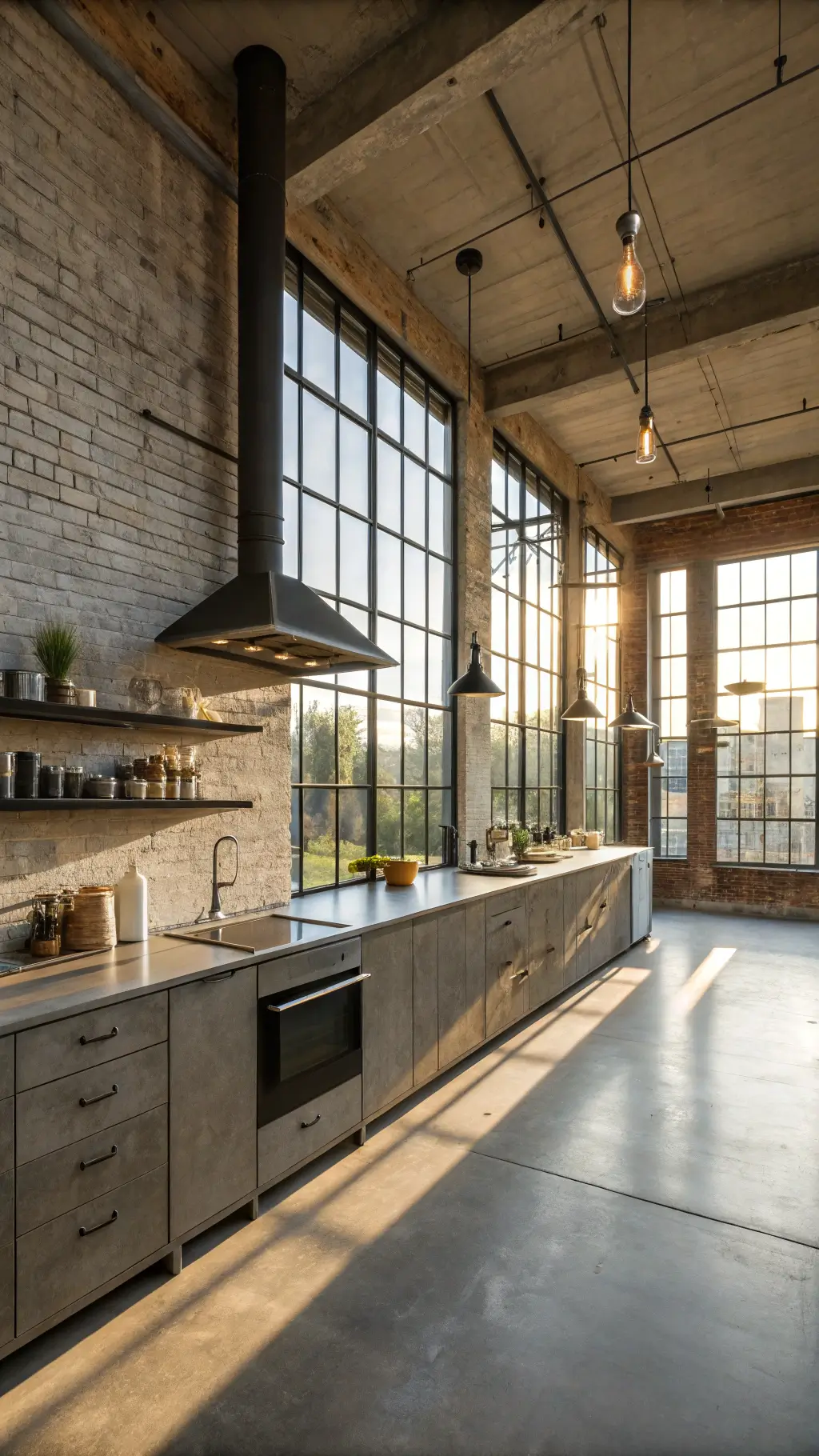 Industrial loft kitchen with greige slab cabinets, black steel shelving, leather handles, and Edison bulb pendant lighting