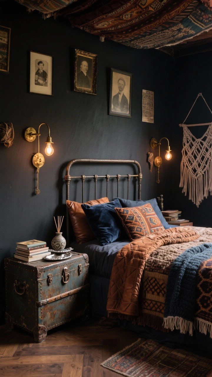 Moody Vintage Bohemian bedroom with charcoal walls, iron bed, layered textiles, and antique accents