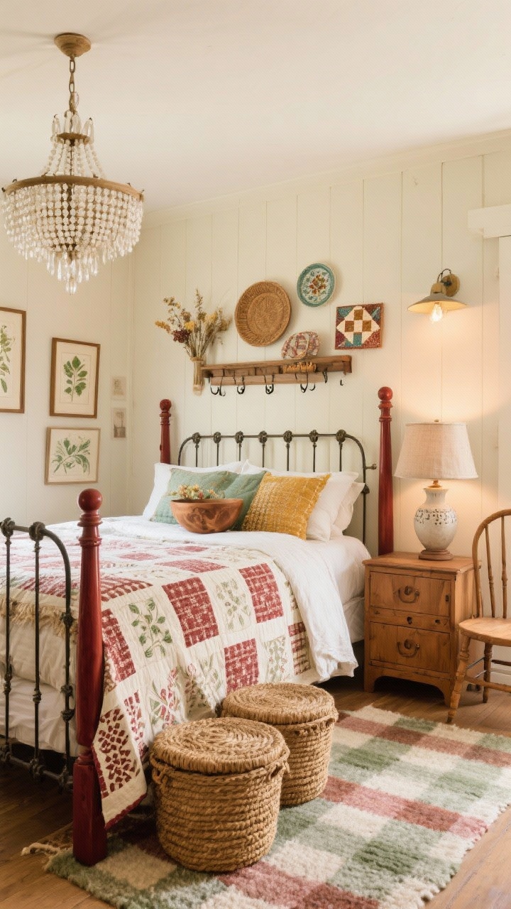 Heirloom Farmhouse bedroom with cherry four-poster bed, block-printed quilt, and boho accents