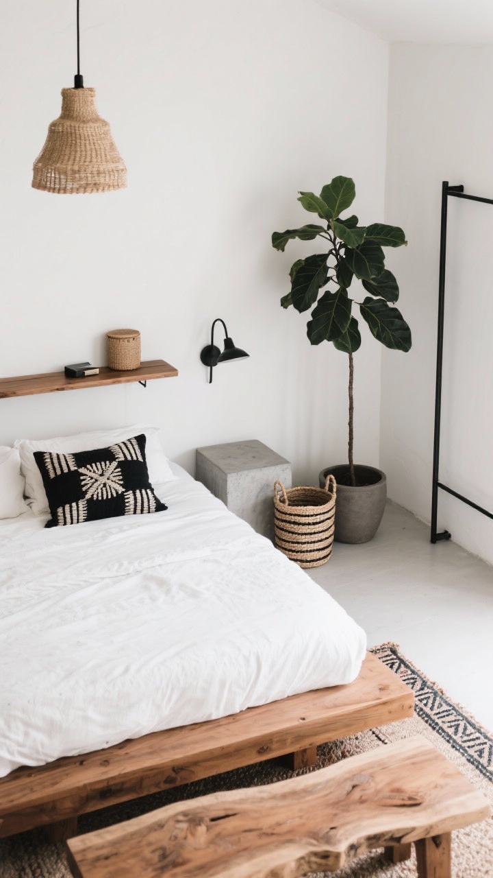 Modern Minimal Boho Farmhouse bedroom with plaster-white walls, natural wood platform bed, and clean lines