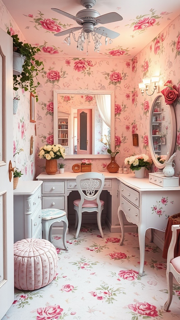 Vintage dressing room adorned with floral wallpaper, pastel-colored furniture, and soft hues.