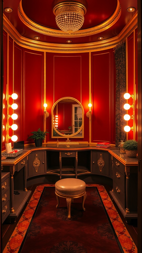 Luxurious vintage dressing room featuring bold red walls, gold detailing, and sophisticated lighting.