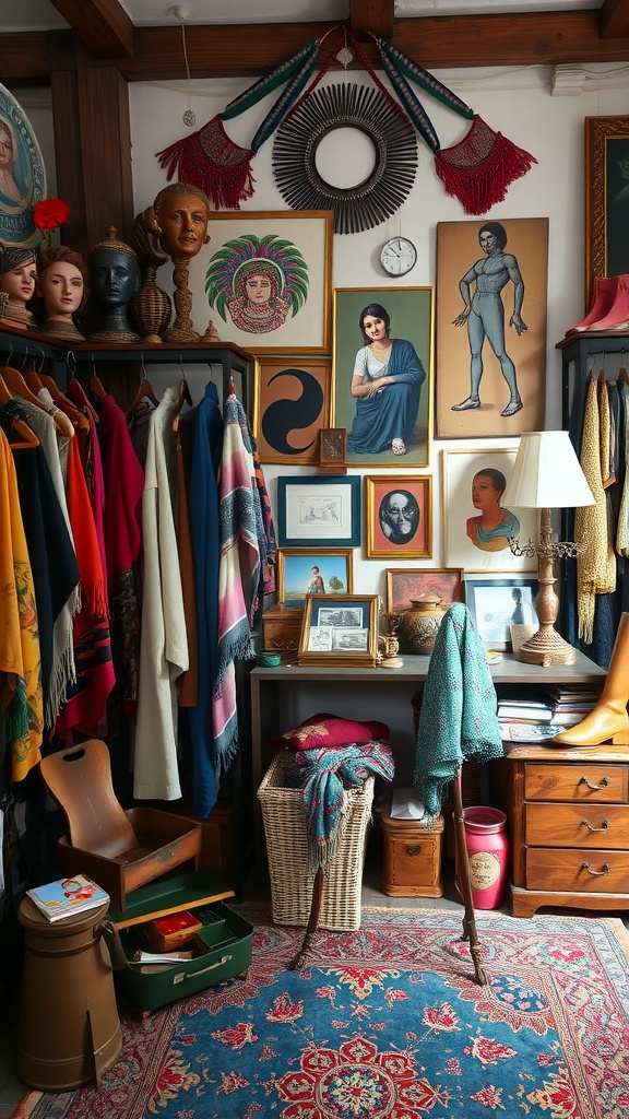 Bohemian vintage dressing room featuring colorful clothing, diverse art pieces, and eclectic decor.
