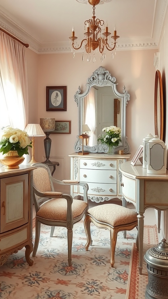 Vintage dressing room with soft pink walls, ornate mirror, chandelier, and elegant furniture.