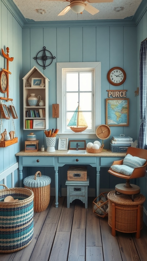 Cozy vintage dressing room with light blue walls, wooden desk, and coastal-themed decor.