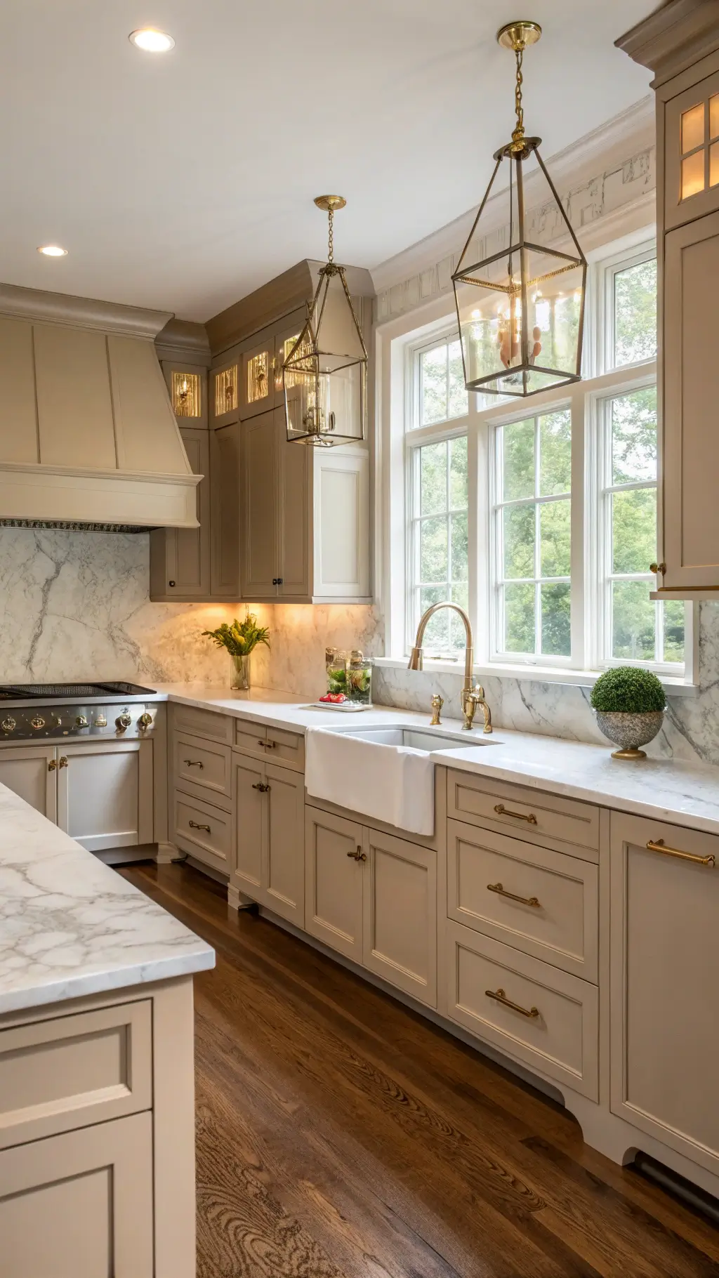 Transitional kitchen with medium taupe flat-panel cabinets, Carrara marble countertops, antique brass fixtures, farmhouse sink, and copper cookware