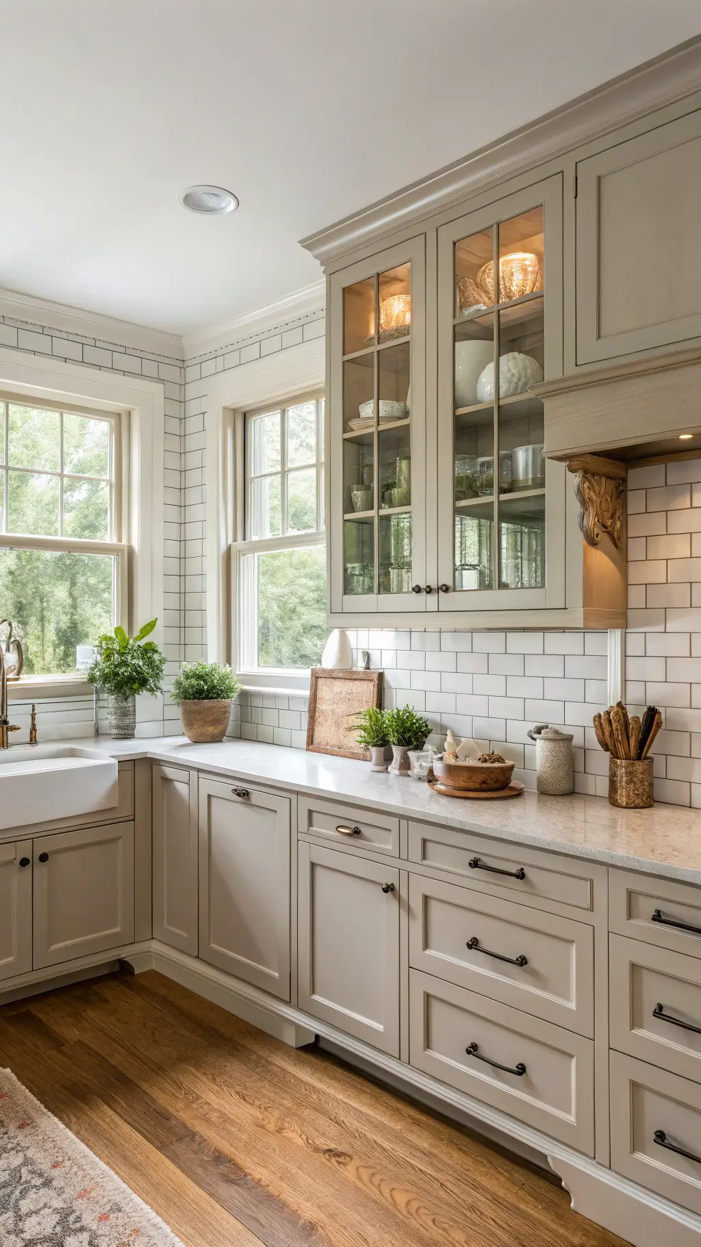 Sunlit kitchen with greige cabinets, glass uppers, white subway tile backsplash, traditional molding, and reclaimed wood accents