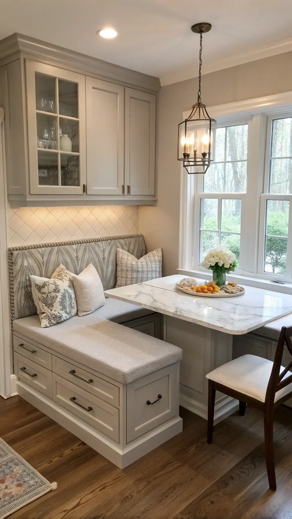 Cozy kitchen nook with soft lighting, gray cabinetry, built-in bench seating, marble-like quartz countertops, and vintage pottery