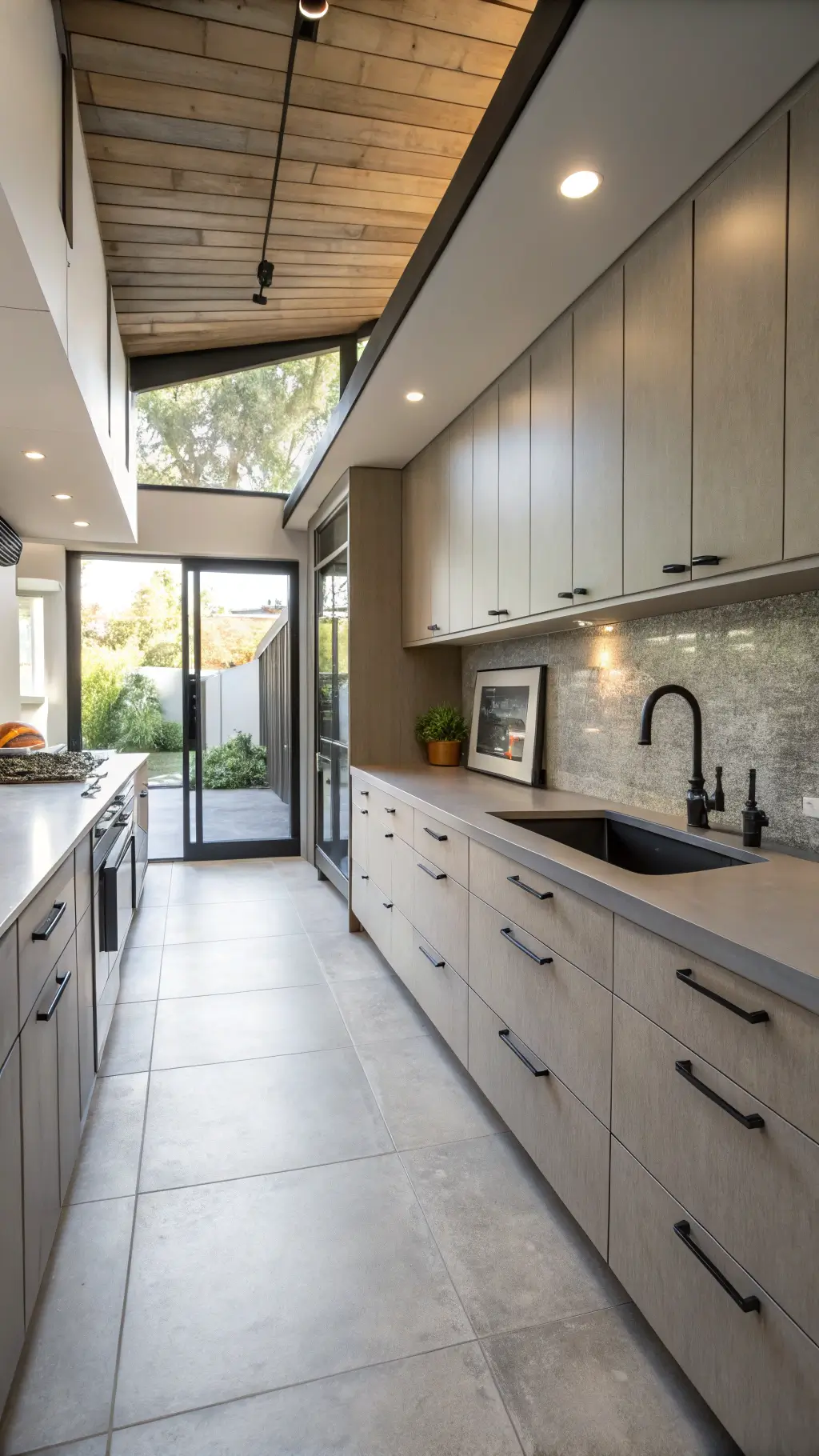 Modern galley kitchen with gray taupe handleless cabinets, concrete countertops, matte black fixtures, and minimalist decor