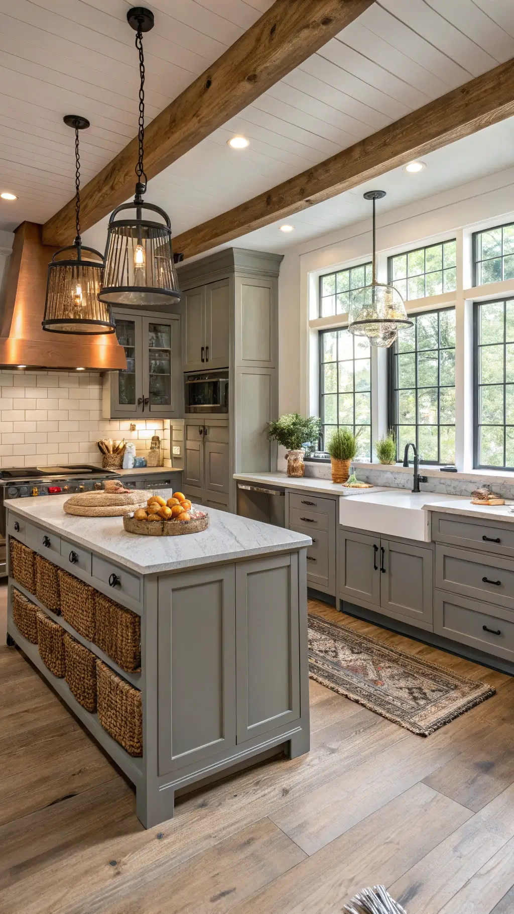 Bird's eye view of a modern farmhouse kitchen with gray cabinets, soapstone counters, copper hood, black hardware, exposed wooden beams, and wide-plank pine floors
