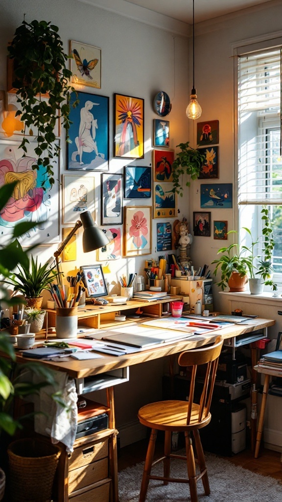Artistic studio with a desk full of creative materials and colorful artwork on the walls.