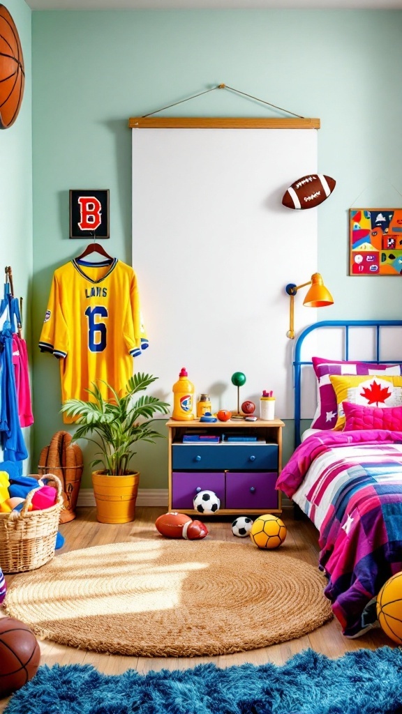 Teenage girl's bedroom decorated with sports gear, a yellow jersey, and vibrant bedding.