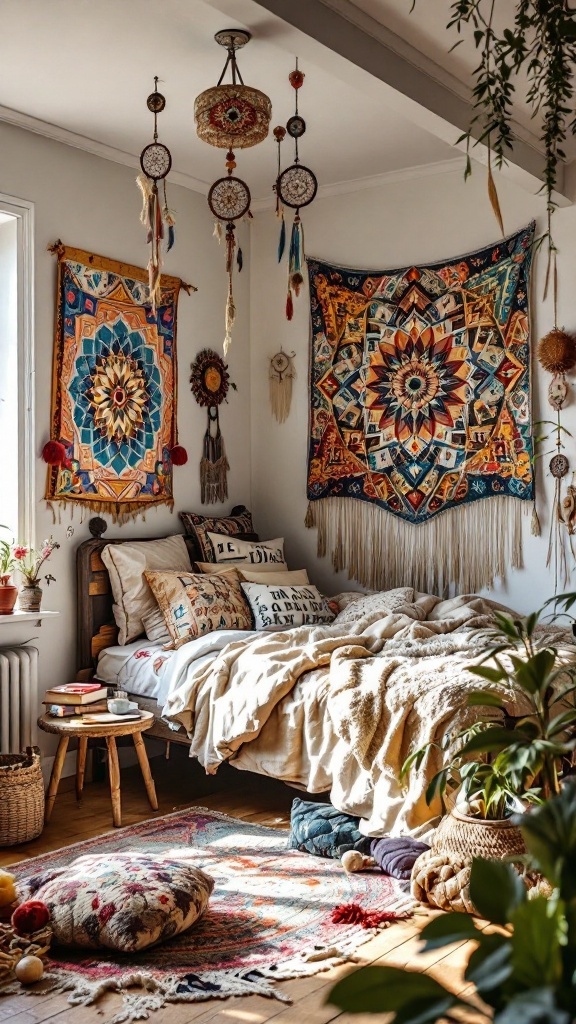 Teenage girl's bedroom with colorful tapestries, dreamcatchers, comfy bed, and plants.