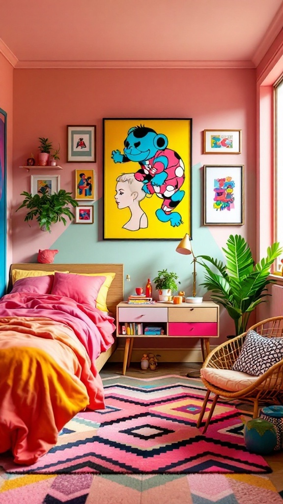 Teenage girl's bedroom featuring retro pop art, bright colors, and playful decor.