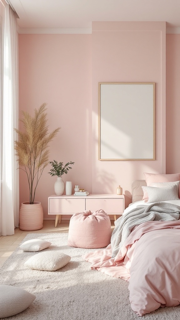 Minimalist bedroom with pastel pink accents, cozy bed, bean bags, and plants.
