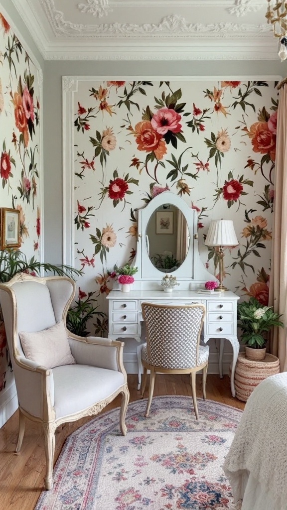 Vintage glam bedroom with bold floral wallpaper, elegant furniture, and decorative plants.