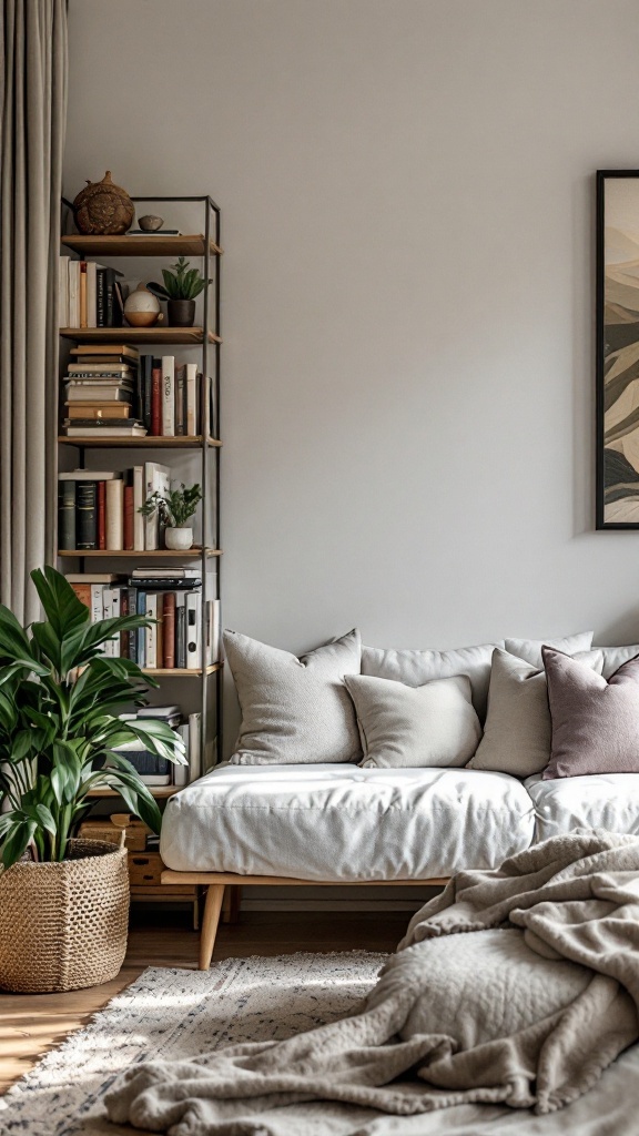 Cozy reading nook with light couch, pillows, bookshelves filled with books and decor, and a plant.