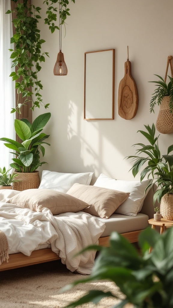 Cozy bedroom with greenery, wooden bed, and neutral-toned bedding.