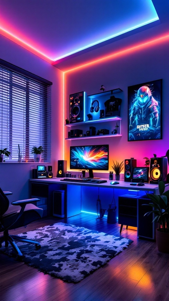 Stylish gaming room with LED lights, large monitor, speakers, and comfortable gaming chair.
