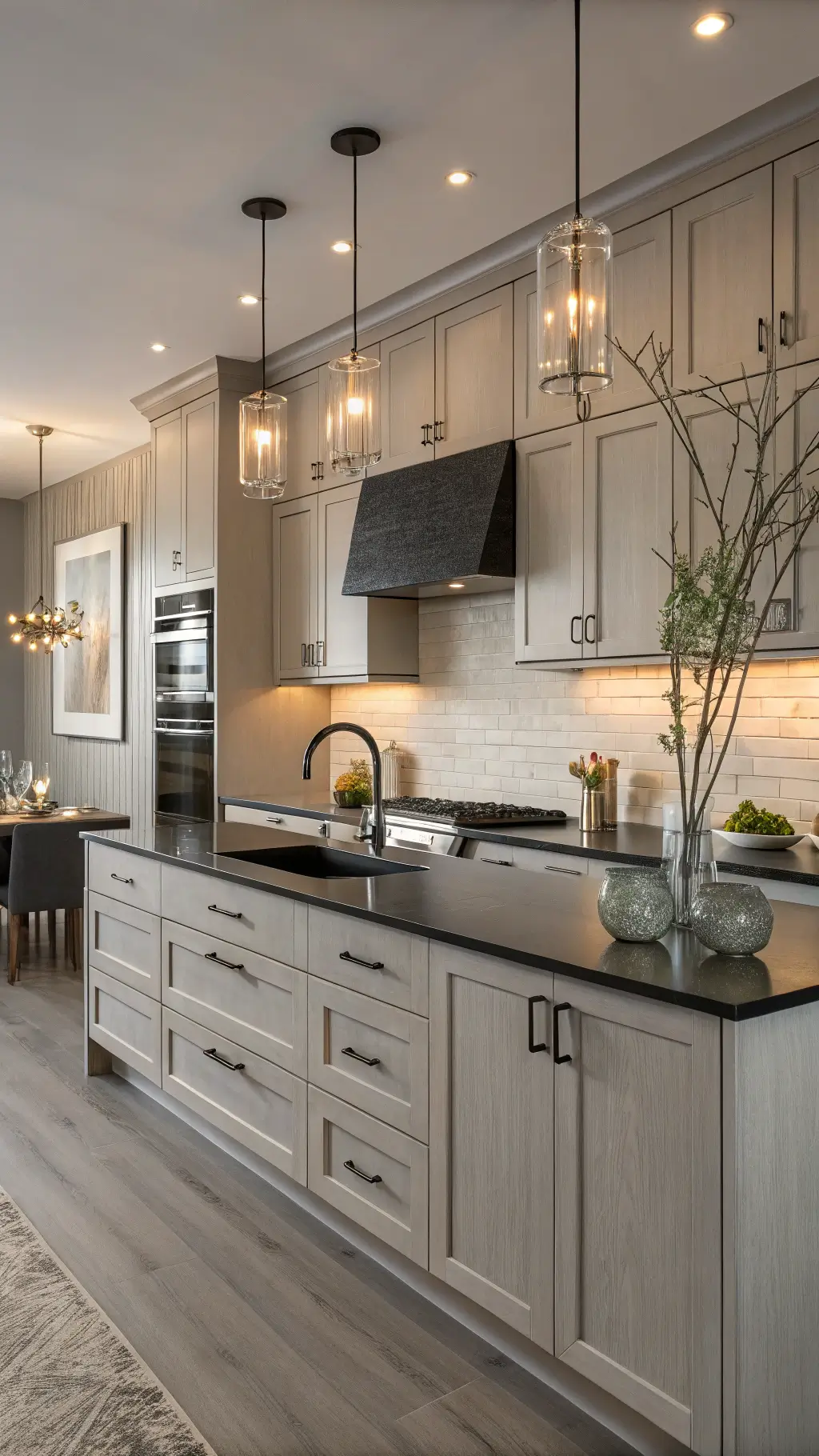 Contemporary kitchen bathed in golden hour light, showcasing matte grey cabinets with nickel hardware, black granite countertops, smoked glass pendant lamps, and decorative ceramic and eucalyptus accents.