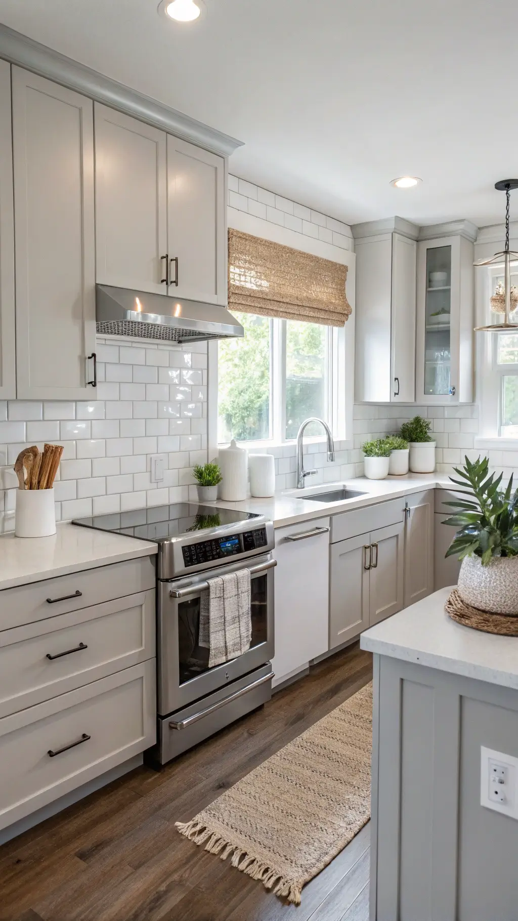 L-shaped kitchen featuring glossy light grey cabinets, white quartz countertops, subway tile backsplash, chrome fixtures, stainless steel appliances, white ceramic dishes, a fiddle leaf fig plant, and woven roman shades.