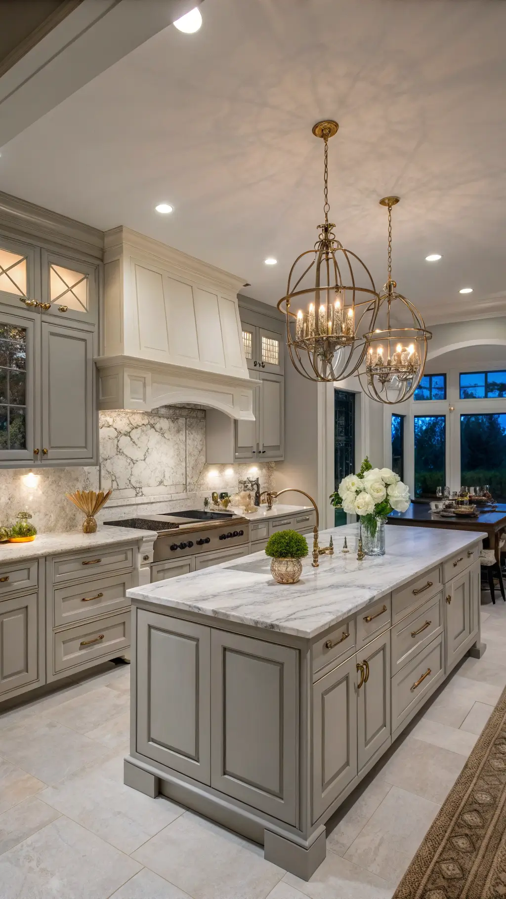 Elegant open-plan kitchen with raised panel light grey cabinets, antique brass hardware, marble backsplash, dark grey island, crystal chandelier, white orchids, metallic accents, and pottery, viewed from the dining area at dusk.
