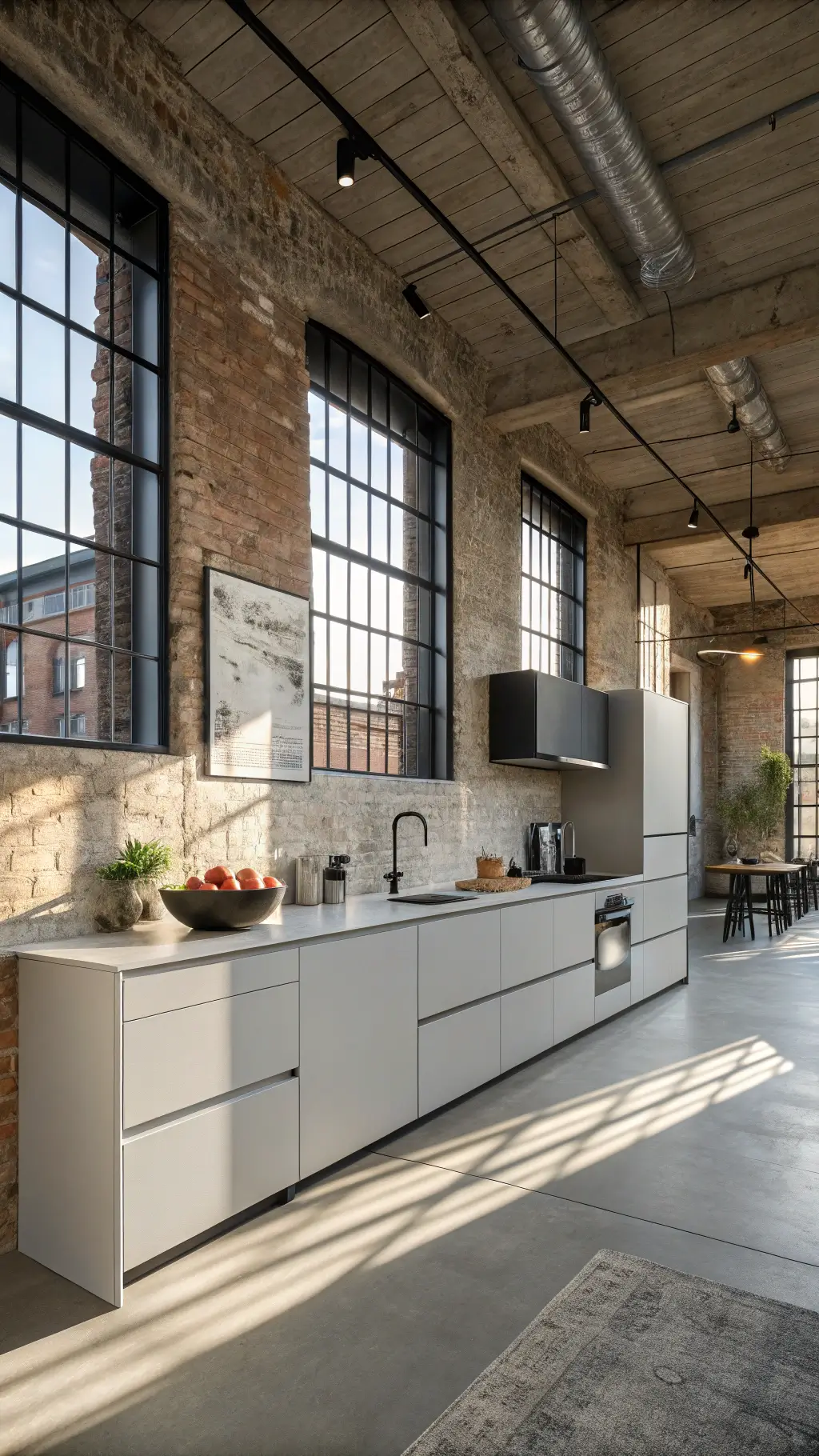 Urban loft kitchen with light grey cabinets, exposed brick walls, concrete flooring, black steel-framed windows, and modern art pieces illuminated by morning sunlight.