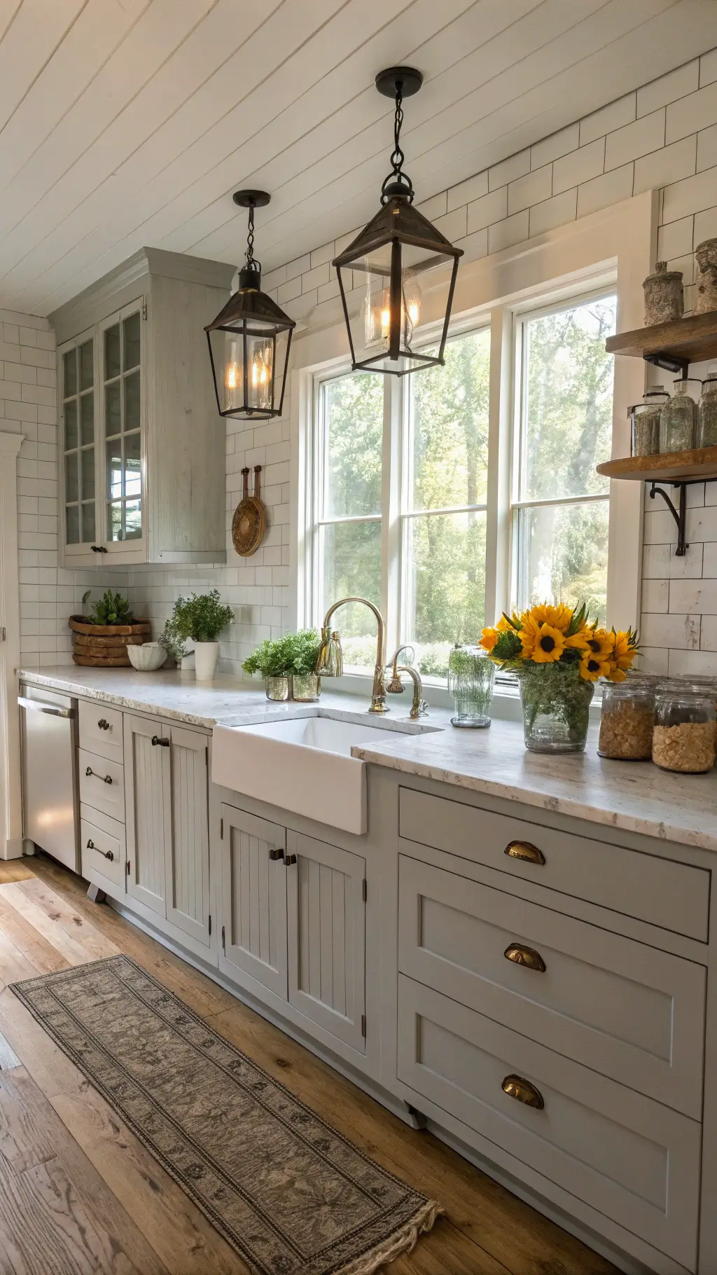 Farmhouse kitchen with grey beadboard cabinets, white marble countertops, subway tile backsplash, oak flooring, antique crocks, fresh flowers in mason jars, and wooden rolling pins bathed in warm afternoon light.