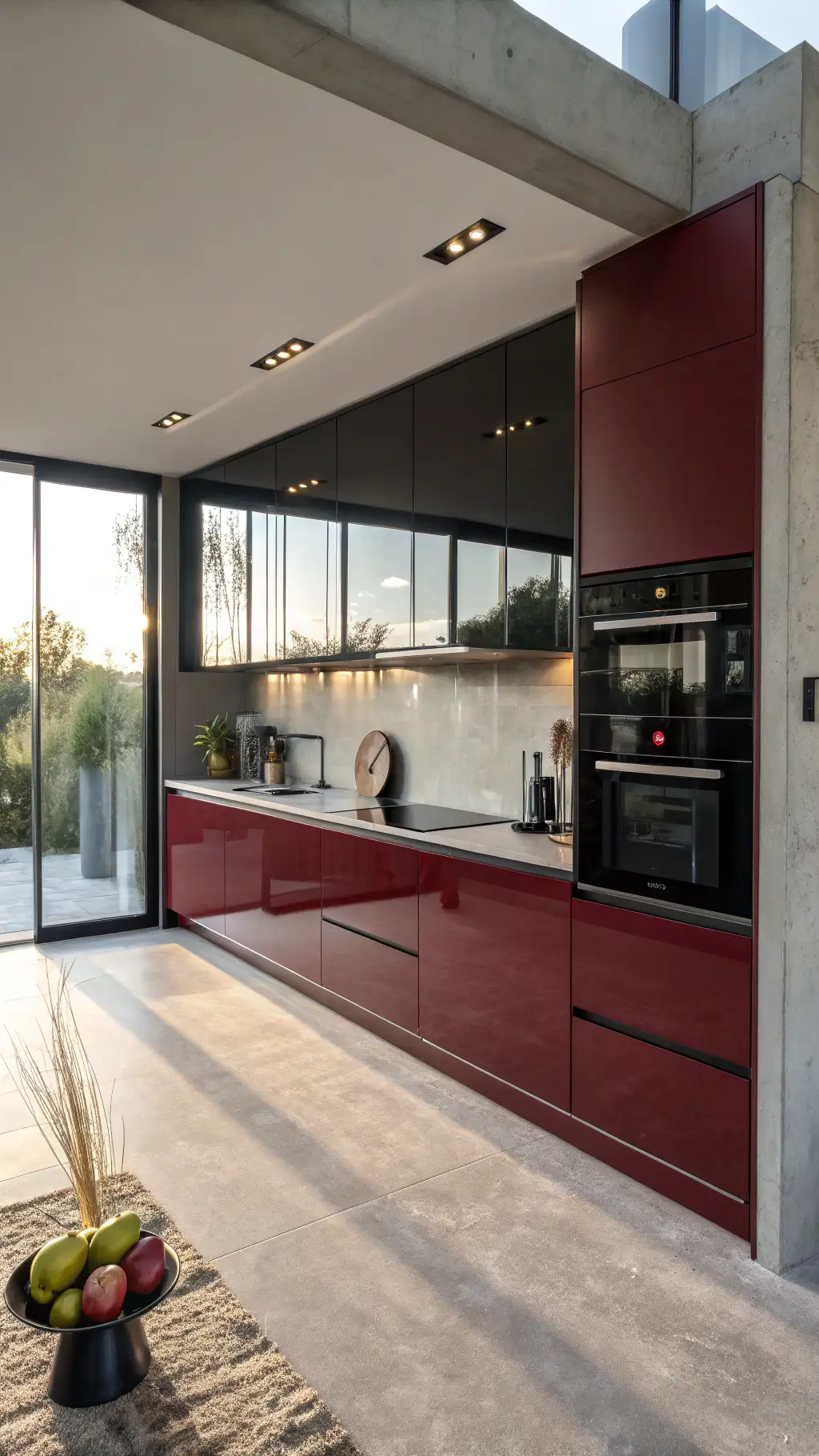 Modern kitchen with high-gloss burgundy cabinets, concrete countertops, matte black appliances, and minimalist decor under dramatic golden hour lighting