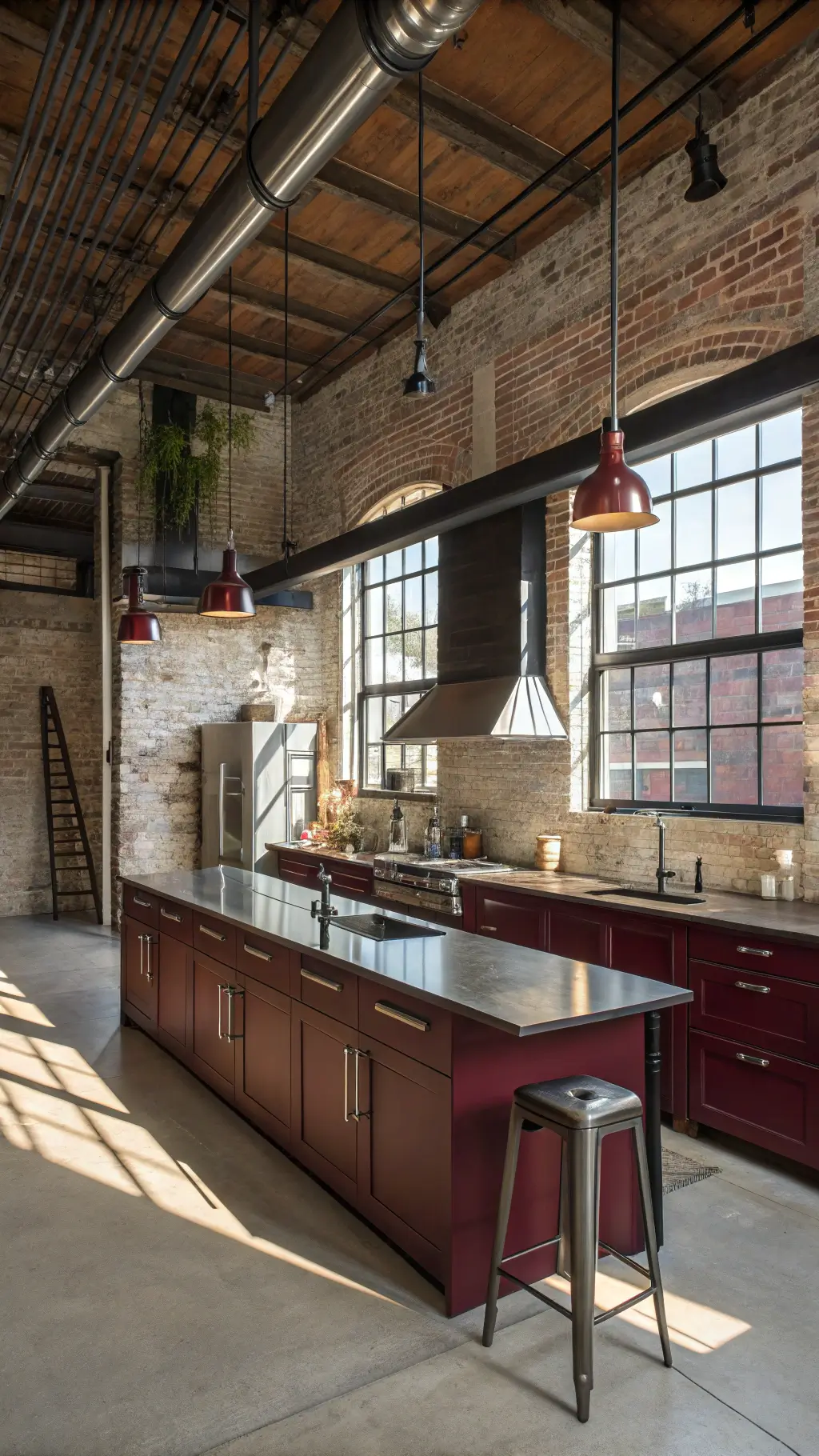 Industrial kitchen with exposed brick walls, burgundy cabinets, steel appliances, butcher block island, and pendant lighting in natural afternoon light