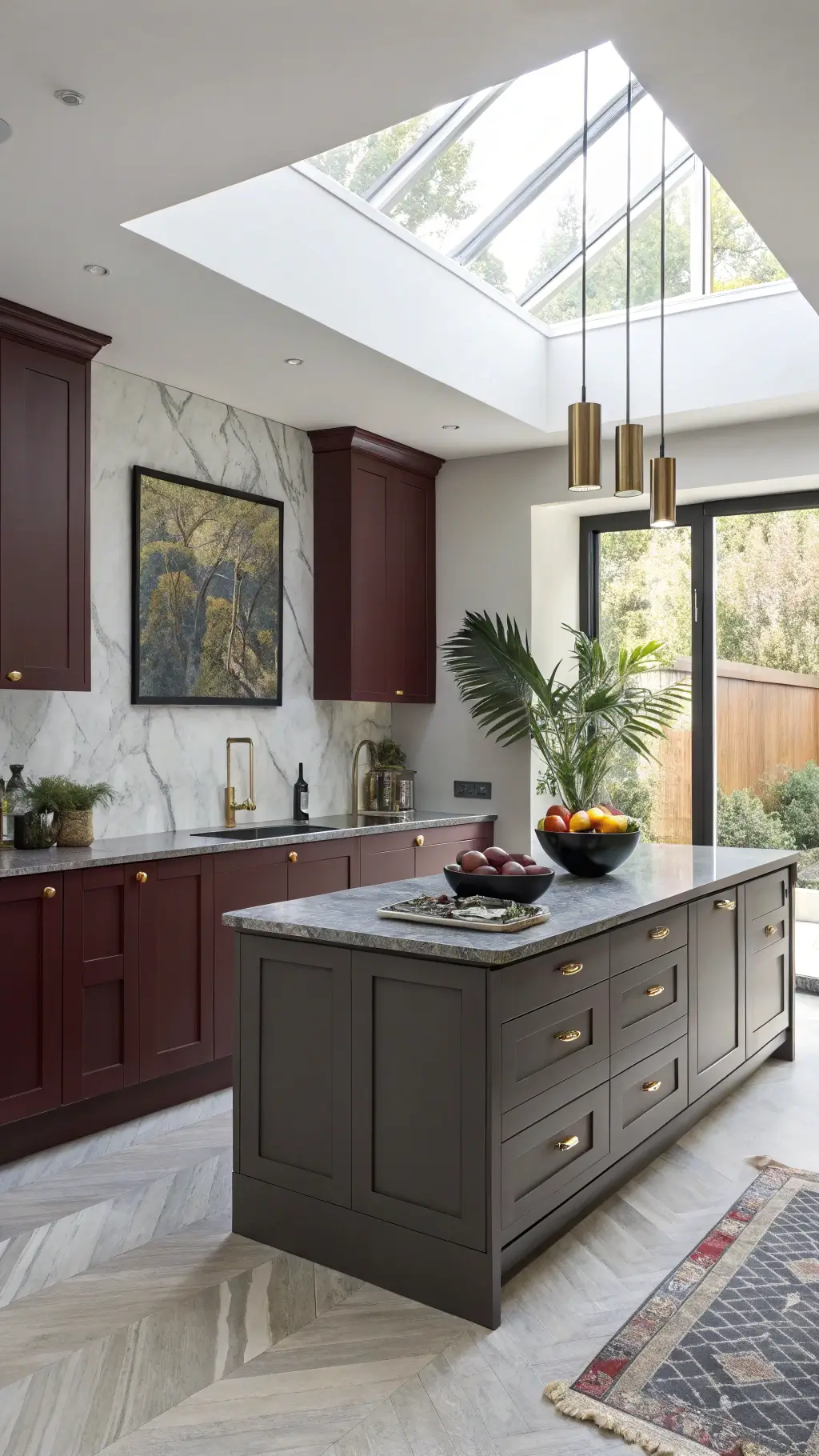 Contemporary kitchen featuring grey island, burgundy floor-to-ceiling cabinets, gold fixtures, abstract art, black marble fruit bowl, and fiddle leaf fig plant