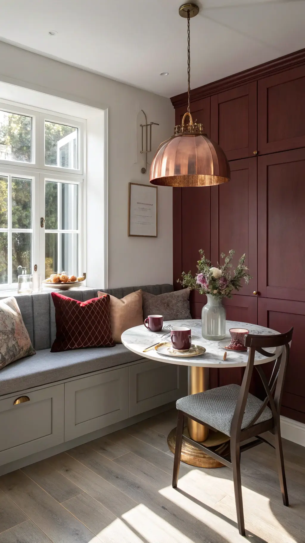 Cozy breakfast nook with grey upholstered seating, burgundy and copper pillows, round marble table, linen napkins, flowers, and vintage pendant lighting adjacent to kitchen cabinetry