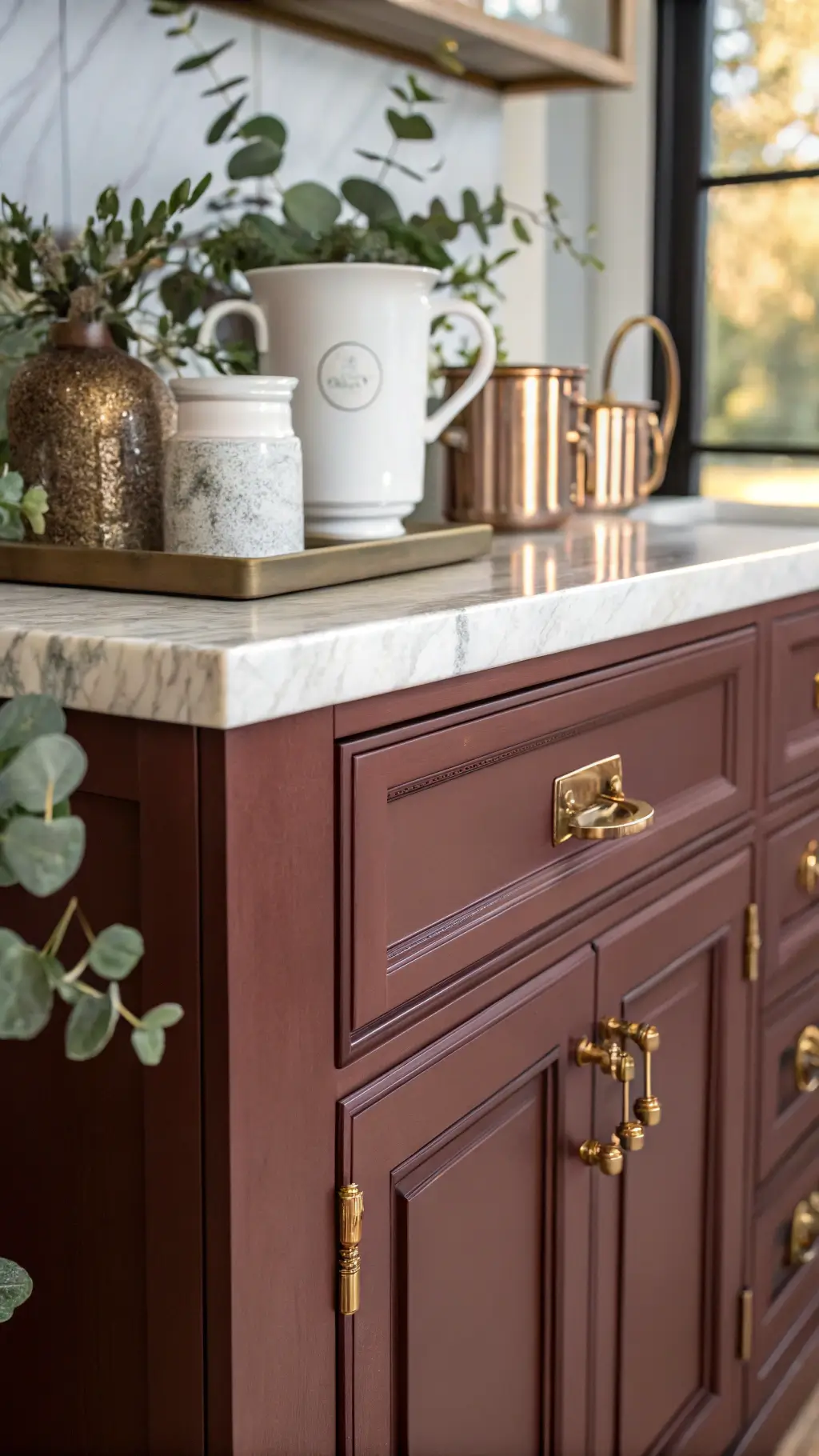 Burgundy raised panel cabinet with antique brass hardware, marble countertop, white ceramic canisters, copper measuring cups, and eucalyptus sprigs in natural afternoon light