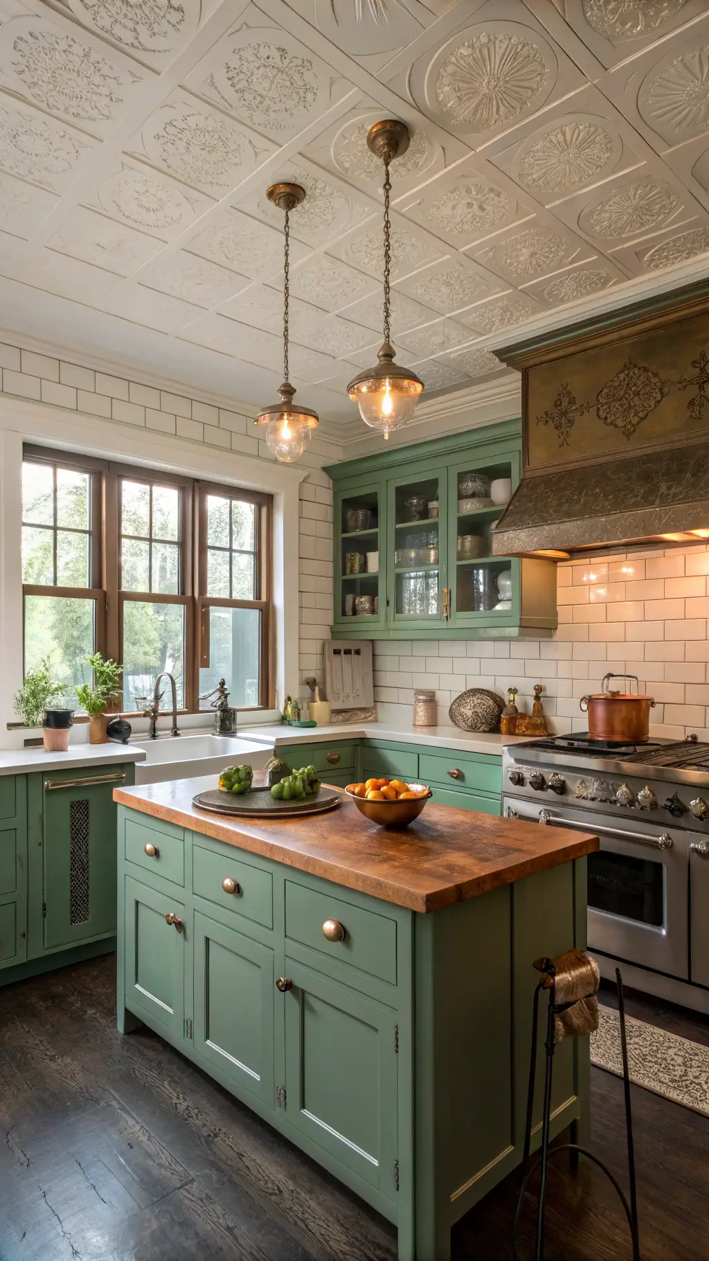 Vintage-modern kitchen with emerald green shaker cabinets, butcher block island, and subway tile backsplash