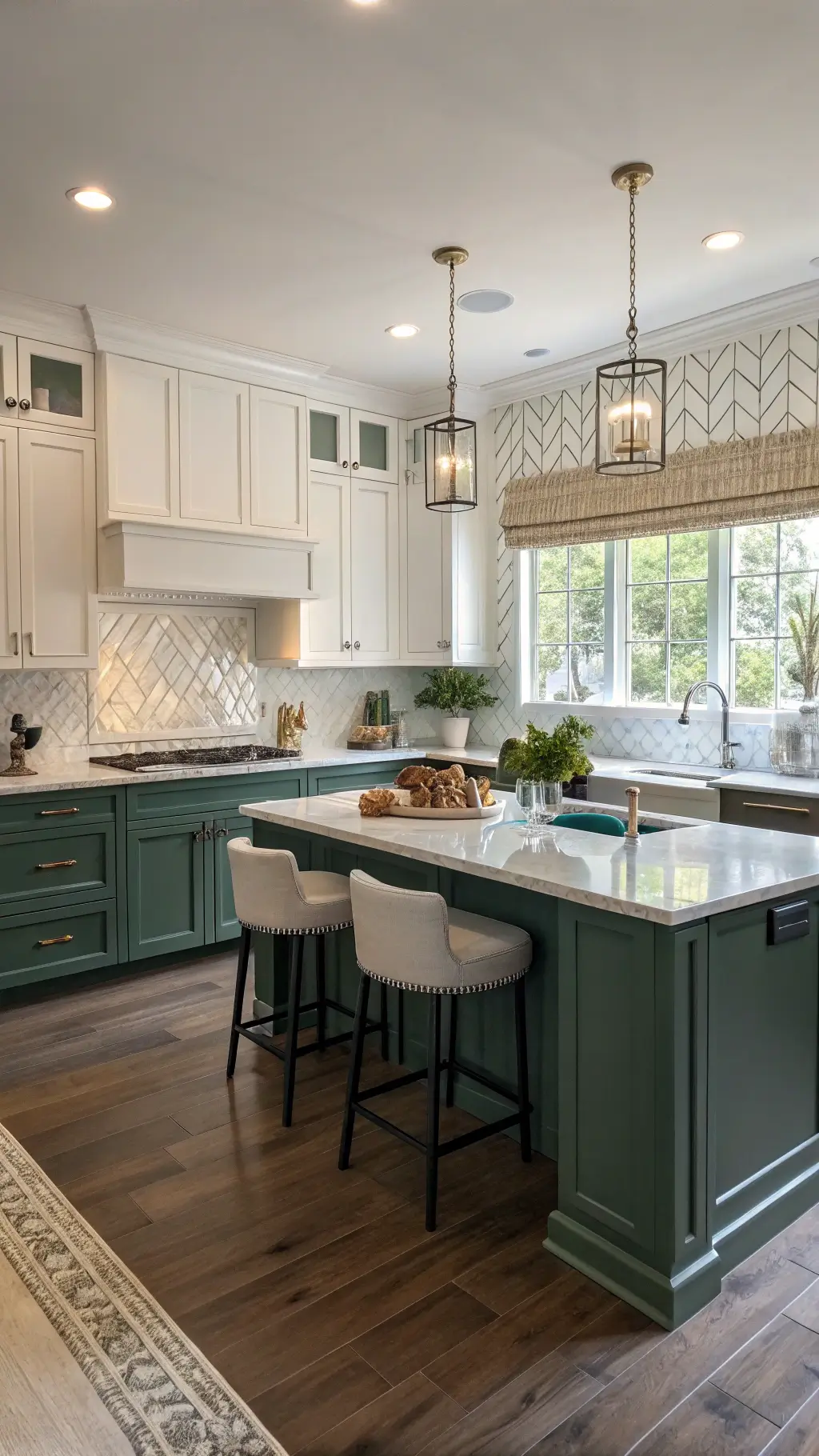 Elegant L-shaped kitchen with emerald green and white cabinetry, quartz countertops, and leather barstools