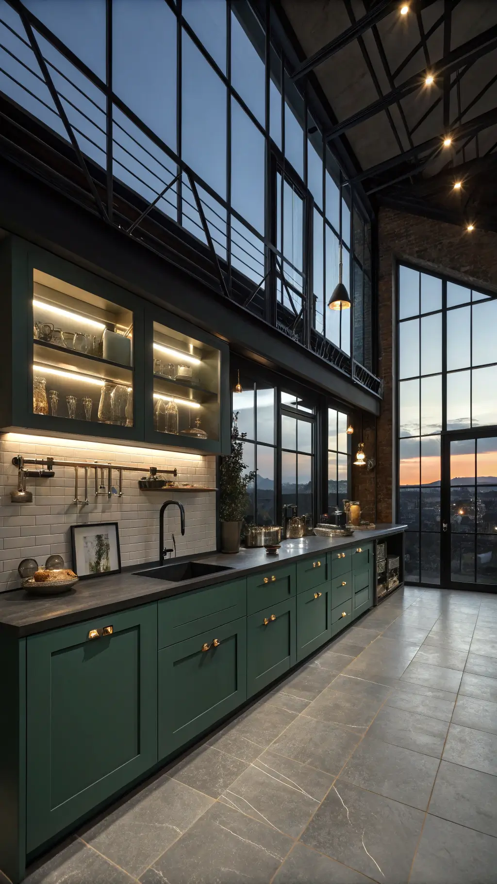 Double-height kitchen with emerald green cabinets, matte black countertops, and pendant lighting