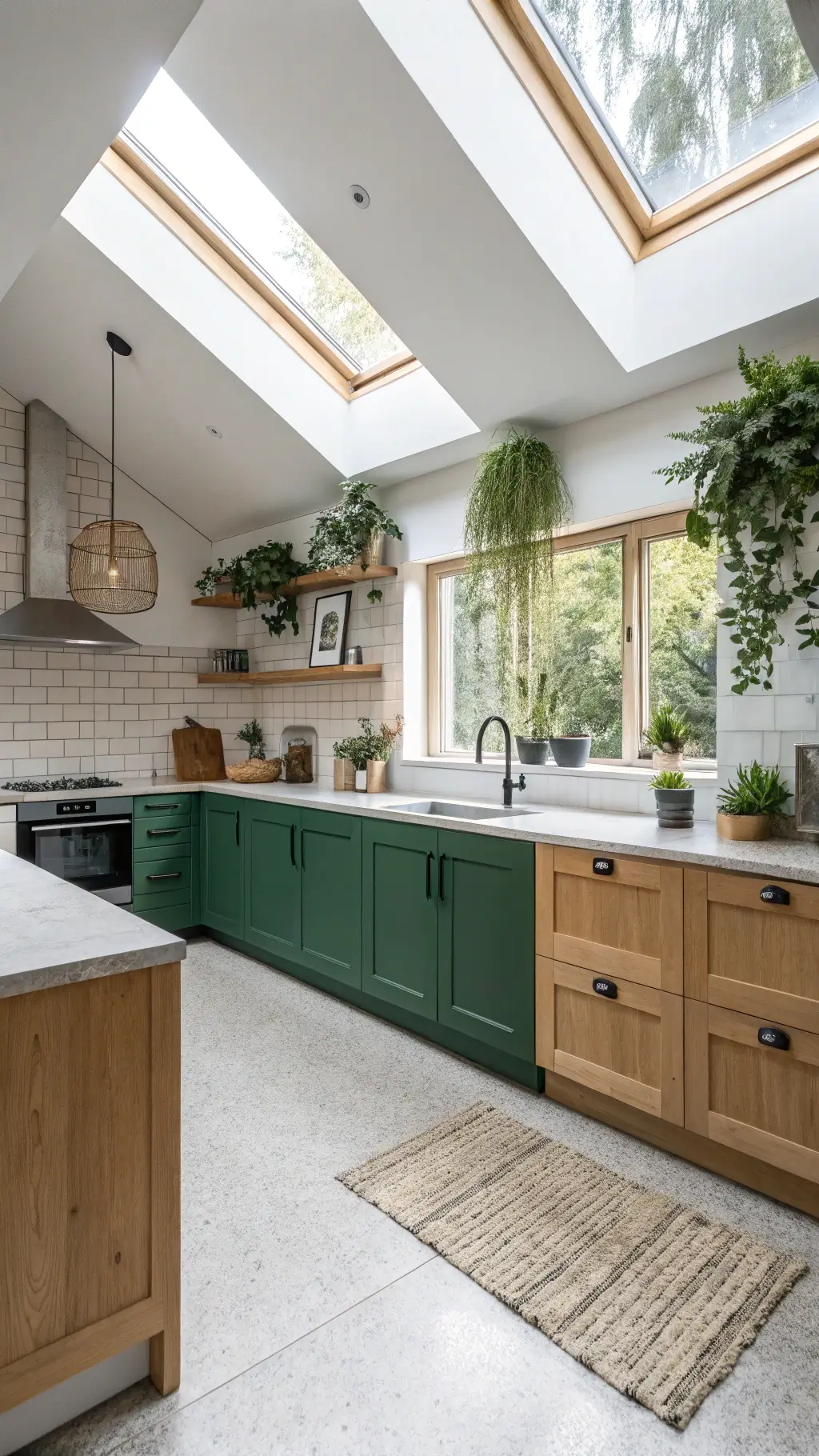 Scandinavian-inspired kitchen with emerald green base cabinets, white oak uppers, concrete countertops, and terrazzo flooring