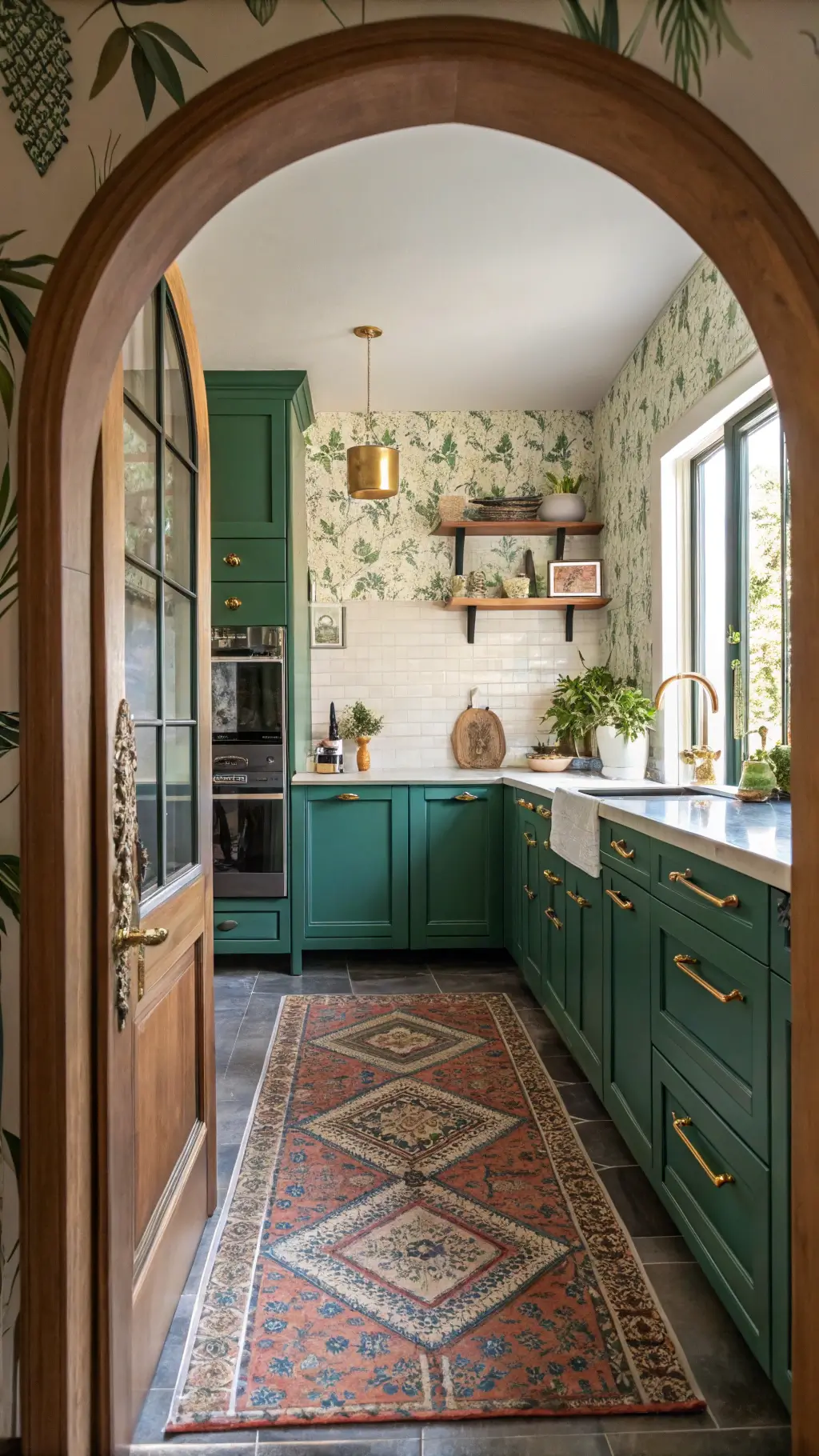 Sophisticated kitchen with emerald green cabinets, botanical wallpaper, gold hardware, and patterned tile floor