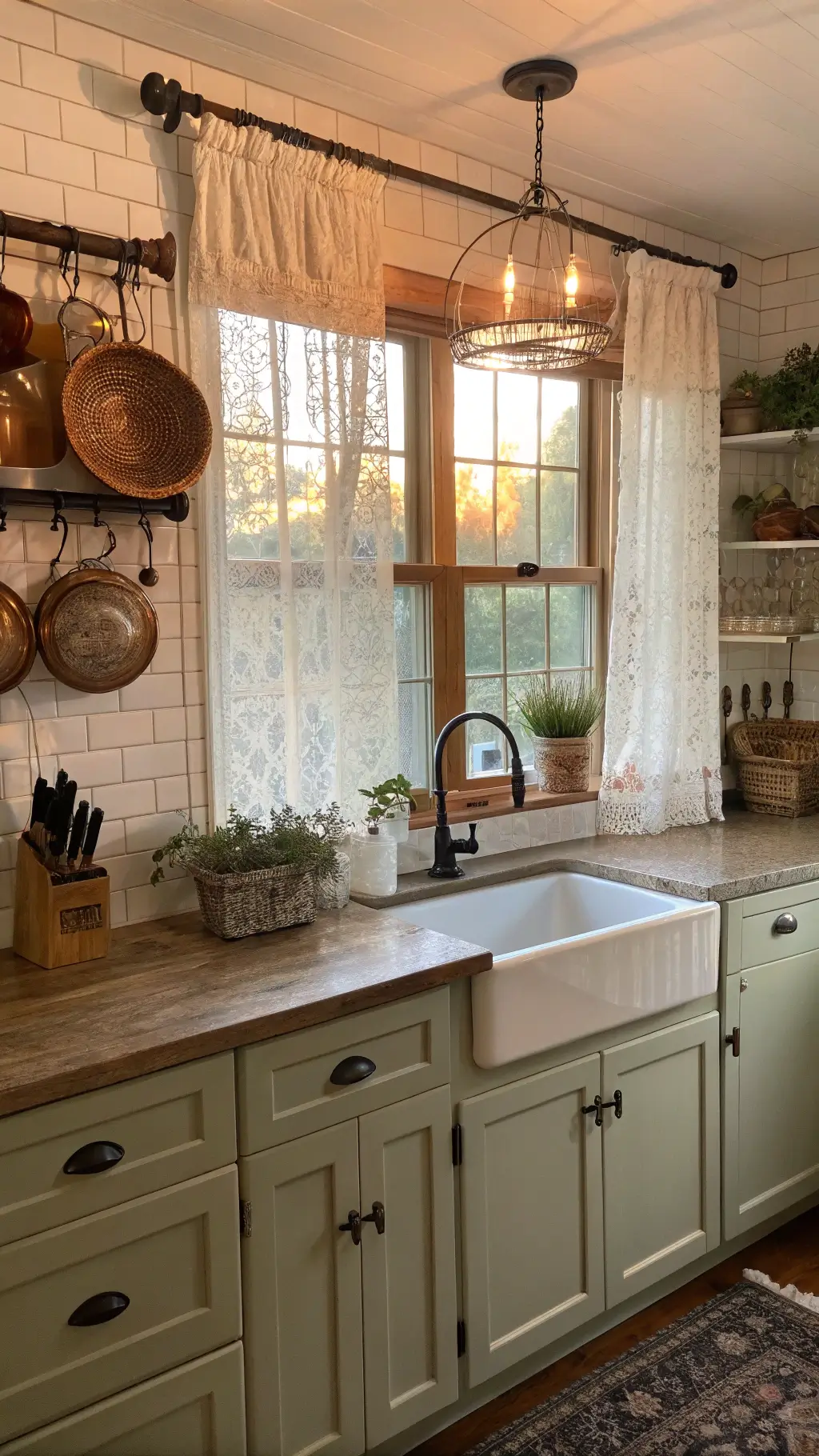 Cozy farmhouse kitchen with sage cabinets, butcher block island, and rustic accents